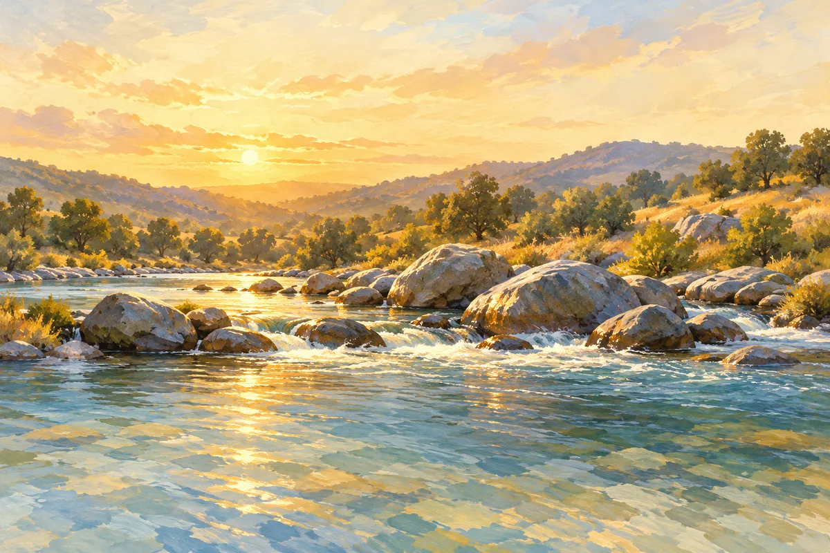 Painted illustration of a river running over granite boulders at golden hour