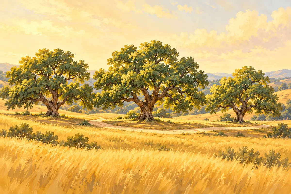Painted illustration of old oaks in golden grass