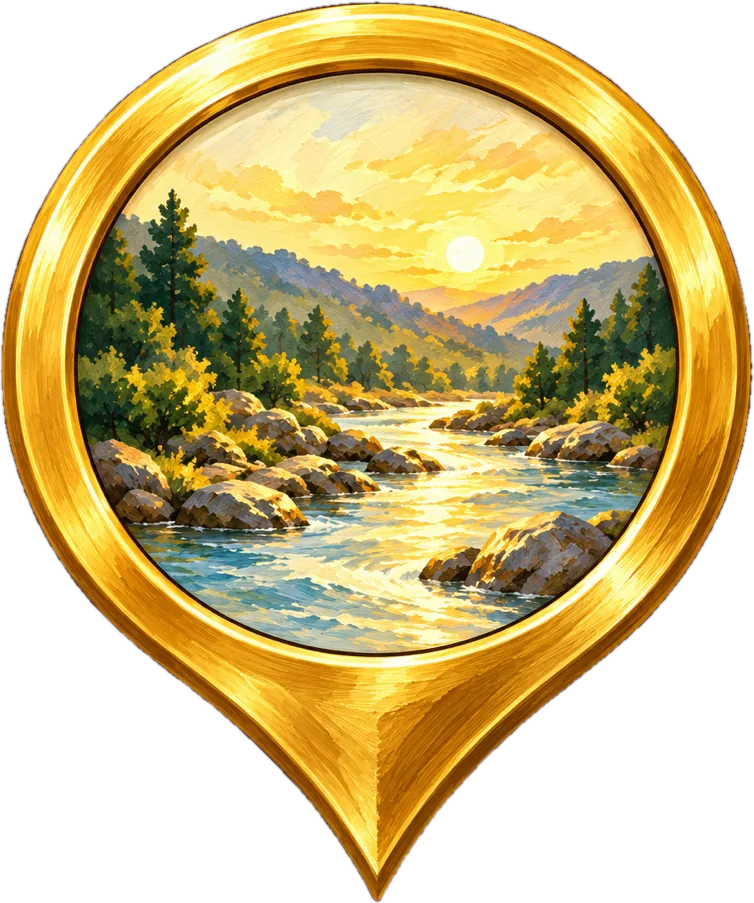 The Pinfolk pin: a gold map pin framing a painted river at golden hour