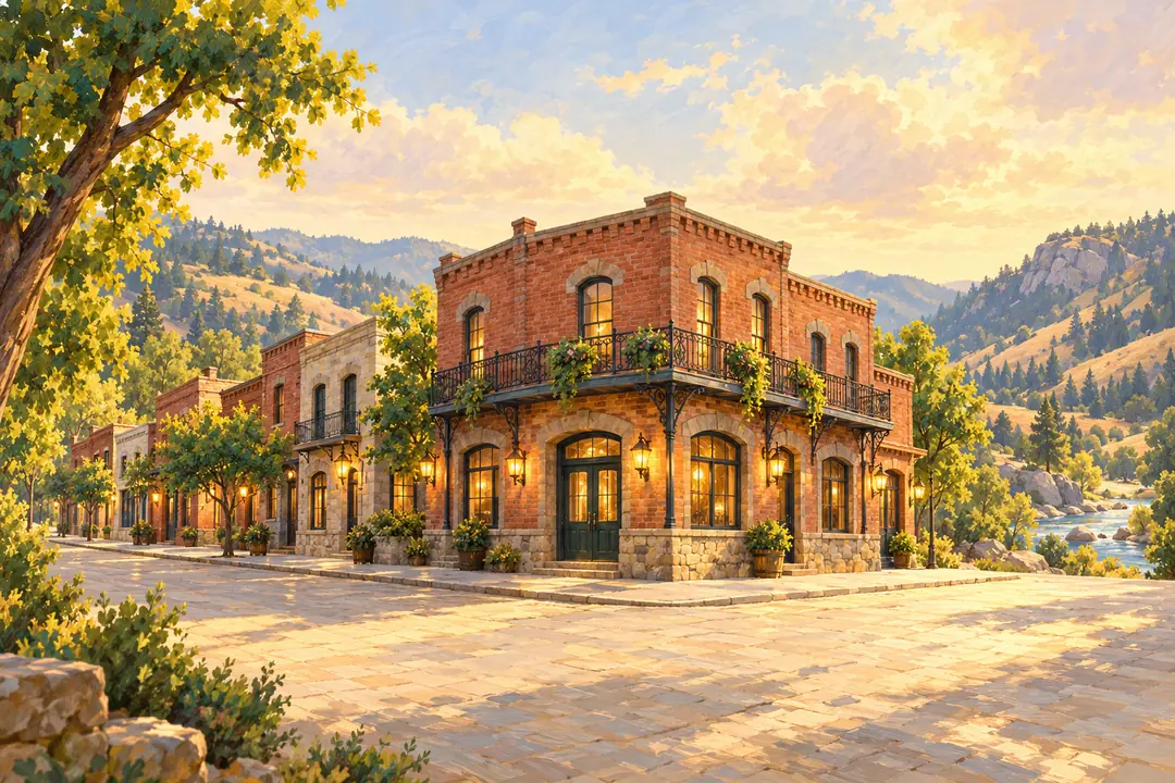 Painted illustration of an old brick building on a quiet street at golden hour