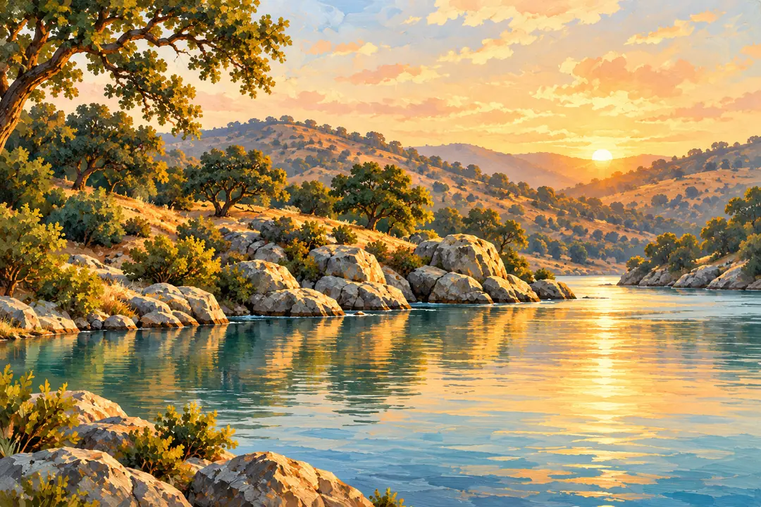 Painted illustration of a lake and granite shore at sunset