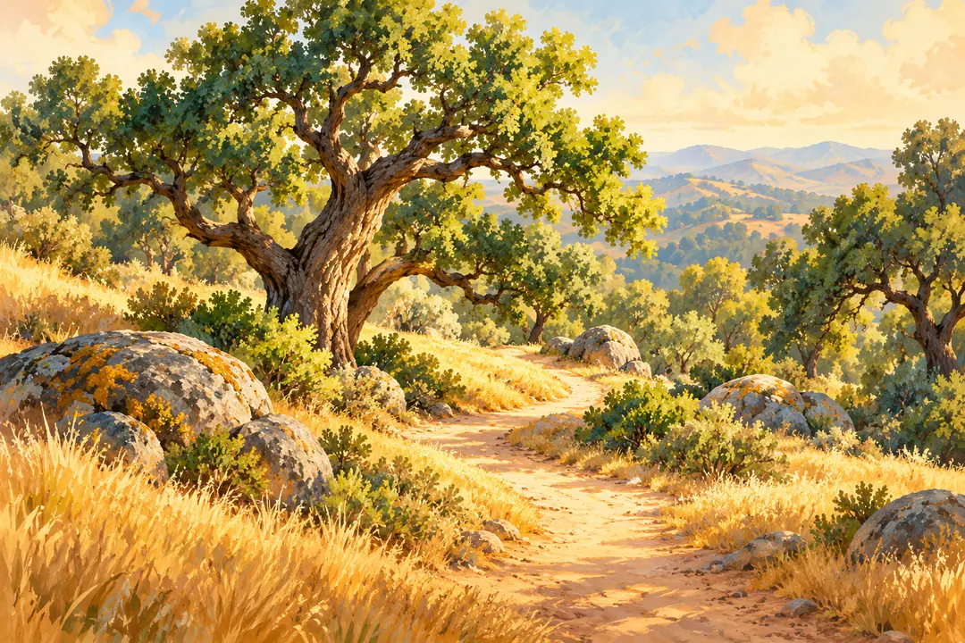 Painted illustration of a dirt trail winding past an old oak at golden hour