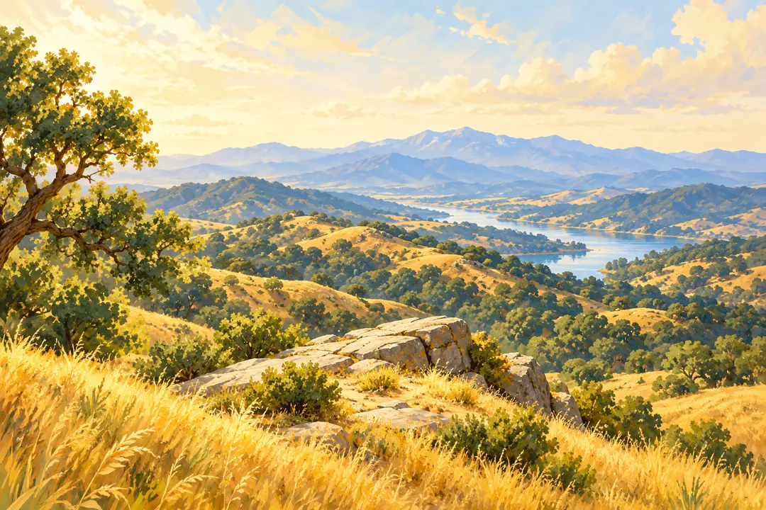 Painted illustration of golden hills rolling down to a distant lake
